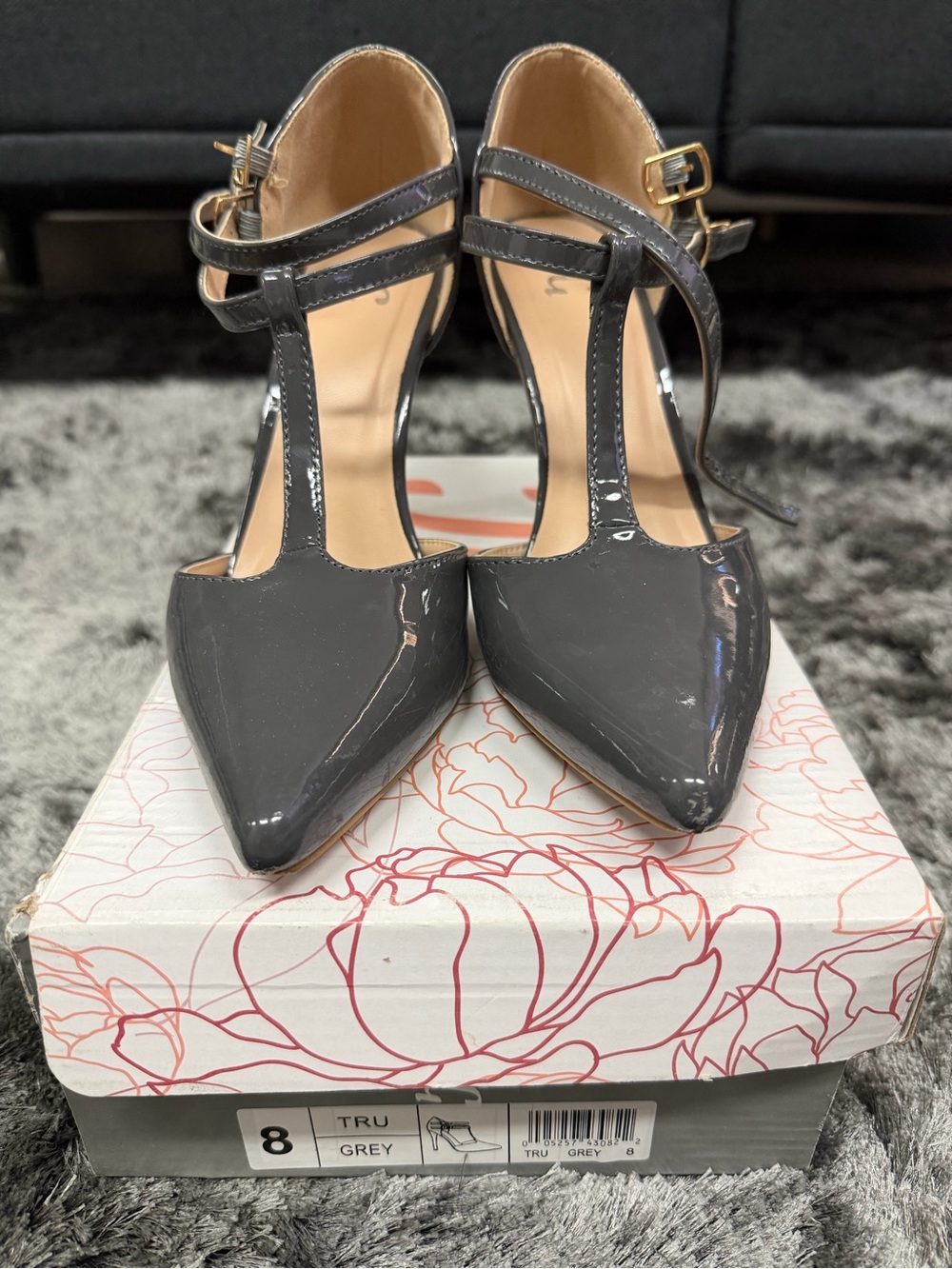 Patent T-Strap Pointed Toe Heels in Grey - Women's